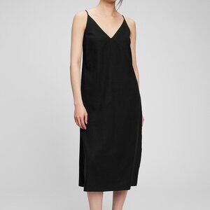Gap Linen Blend Cami Spaghetti Strap Tie Black V Neck Midi Loose Dress Sz 2 XS S